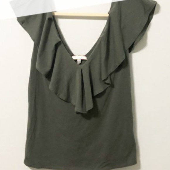 Eri + Ali Anthropologie Ruffle off Shoulder Olive Green Khaki Short Sleeve Top - Picture 8 of 12